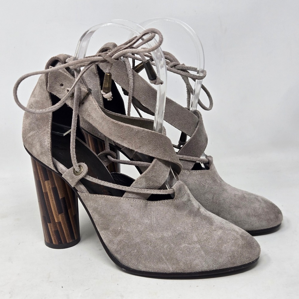 Free People Nouvella Grey Suede Lace Up Block Heels Wood Inlay Pattern Spain 36